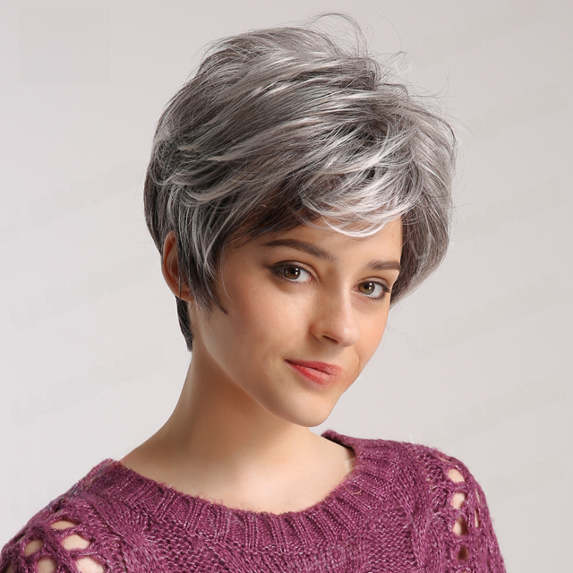 Cabello femenino estilo europeo y americano, fibra química, cabello corto y liso, textura de cabello de mediana edad y anciana, cubierta de cabeza completa