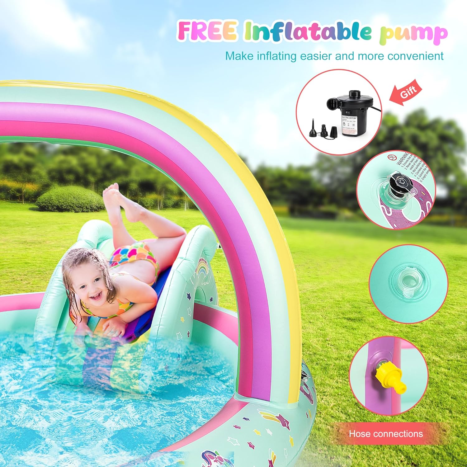 Rainbow Unicorn Inflatable Play Center Kiddie Pool with Slide and Sprinkler for Children, 96''x59''x39''in Baby Pool for Backyard and Garden, Free Inflatable Pump