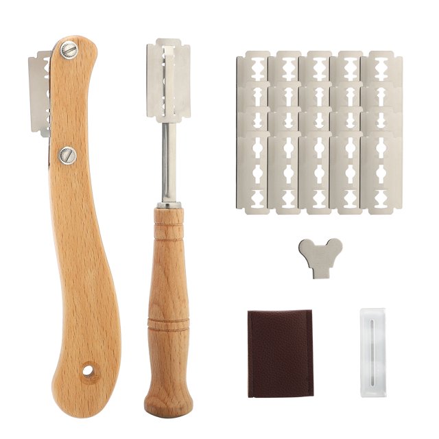 (The set includes: arc new bread cutter + short handle bread cutter + 20pcs blade + 1pcs blade replacement tool + 1pcs protective case) 2 pieces set wooden handle bread cutter arc bread trimming knife short handle bread pattern knife