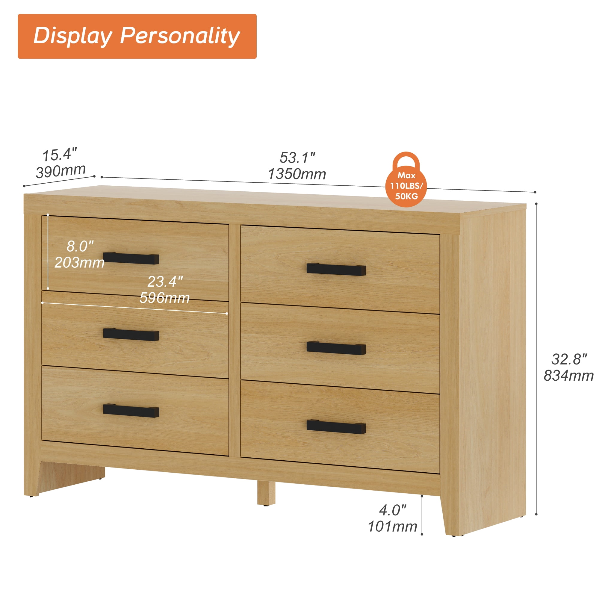 WAMPAT Farmhouse Dresser for Bedroom, 53 Inch Farmhouse Wood Storage Cabinet with 6 Drawers, Rustic Chest of Drawers for Living Room & Hallway