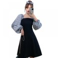 thumbnail image 1 of Rétro Patchwork Manches Longues à Carreaux Robe Dames Casual Col Carré Jupe Manches Puff Robes, 1 of 9