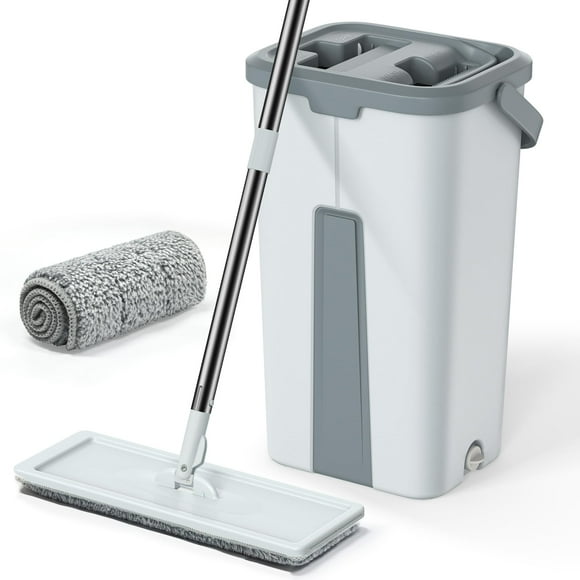 Mop and Bucket Set, Floor Mop and Bucket System Mops for Floors, Flat Mop Bucket with Mop Replacement Pads Extendable Long Handle Mop for Hardwood, Laminate, T