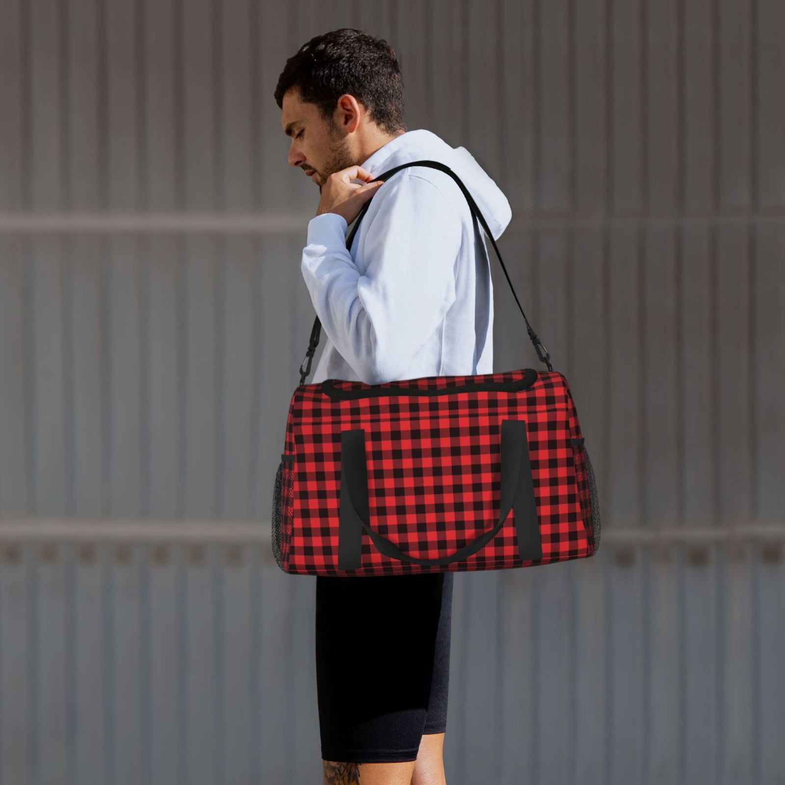 Fuzoiu Buffalo Plaid Red Black Print Travel Duffle Bag,Carry On Tote Bags,Duffel Bag,Sport Gym Bag, Hospital Bag for Labor and Delivery, Overnight Bag,Luggage Bag