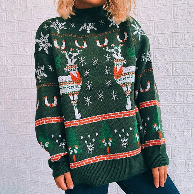 Ichuanyi liquidación navideña copo de nieve árbol de Navidad damas estampado casual de manga larga suéter de metro redondo ICHUANYI WER202308240766