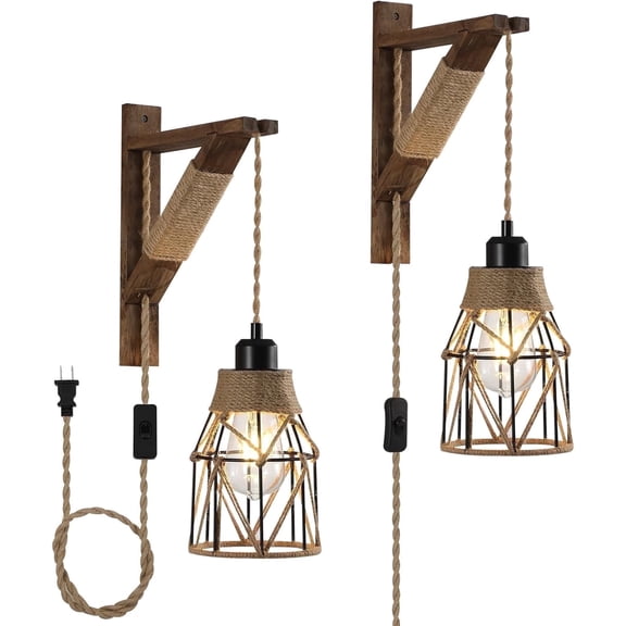 KEESFU 2-pack Farmhouse Plug-in Wall Sconces, Black Metal Cage Lights with Distressed Wood Brackets