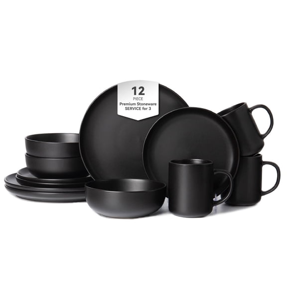 YONGKANG 12 Piece Dinnerware Sets with Mugs Microwave and Dishwasher Safe Non Toxic Dinner Plates Bowls Set Stackable Matte Glaze Kitchenware for 3 Black