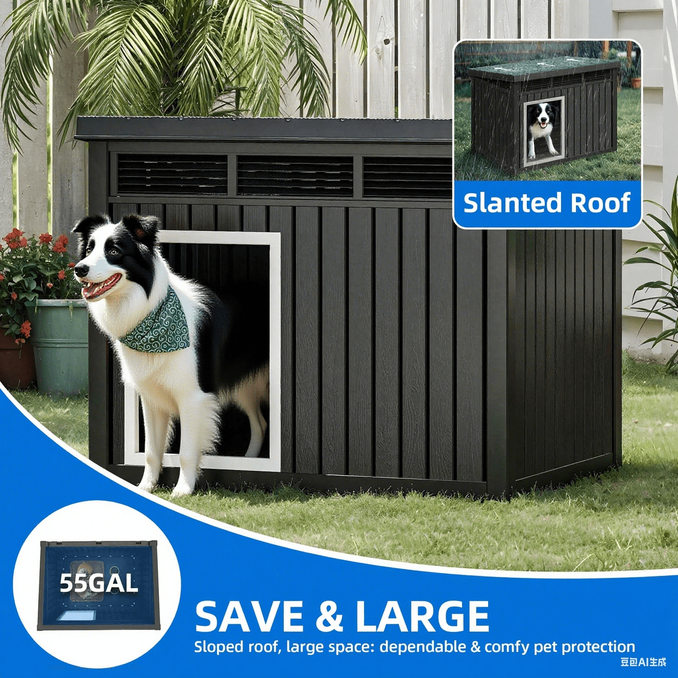 FICARTS Dog House for Both Indoor and Outdoor with Weatherproof Roof Removable Floors for Medium to Large Dogs Interior Space (Black, Medium(31.9"D x 24.8"W x 24.1"H))