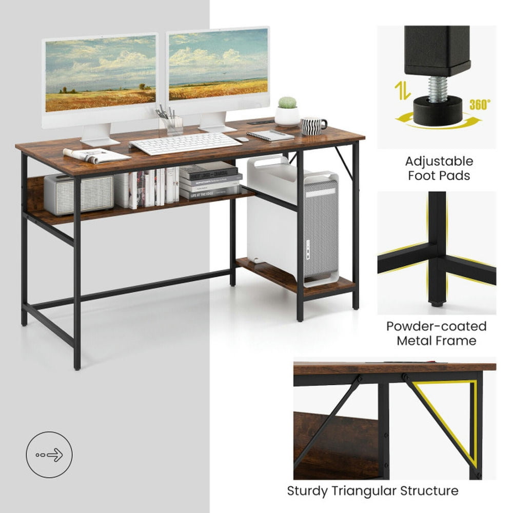 Demi Bonn 55" Computer Desk with Charging Station, Small Home Office Desk Study Writing Table, Brown