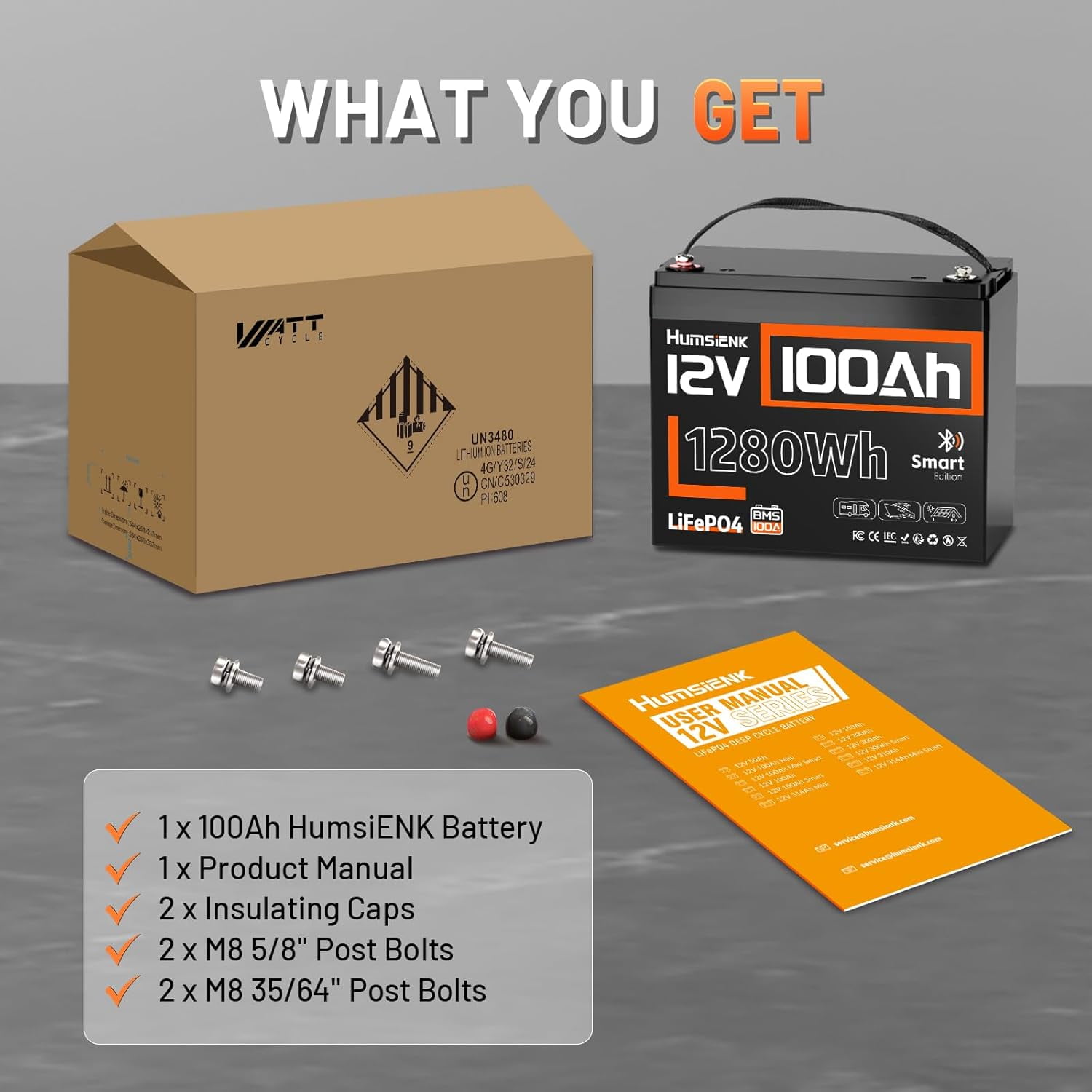 HumsiENK 12V 100Ah LiFePO4 Lithium Battery Bluetooth, Group 24 Deep Cycle LiFePO4 Battery, Built-in 100A BMS & Low-Temp Protection, Professional for Trolling Motor/Off-Grid/Home Backup/RV/Marine