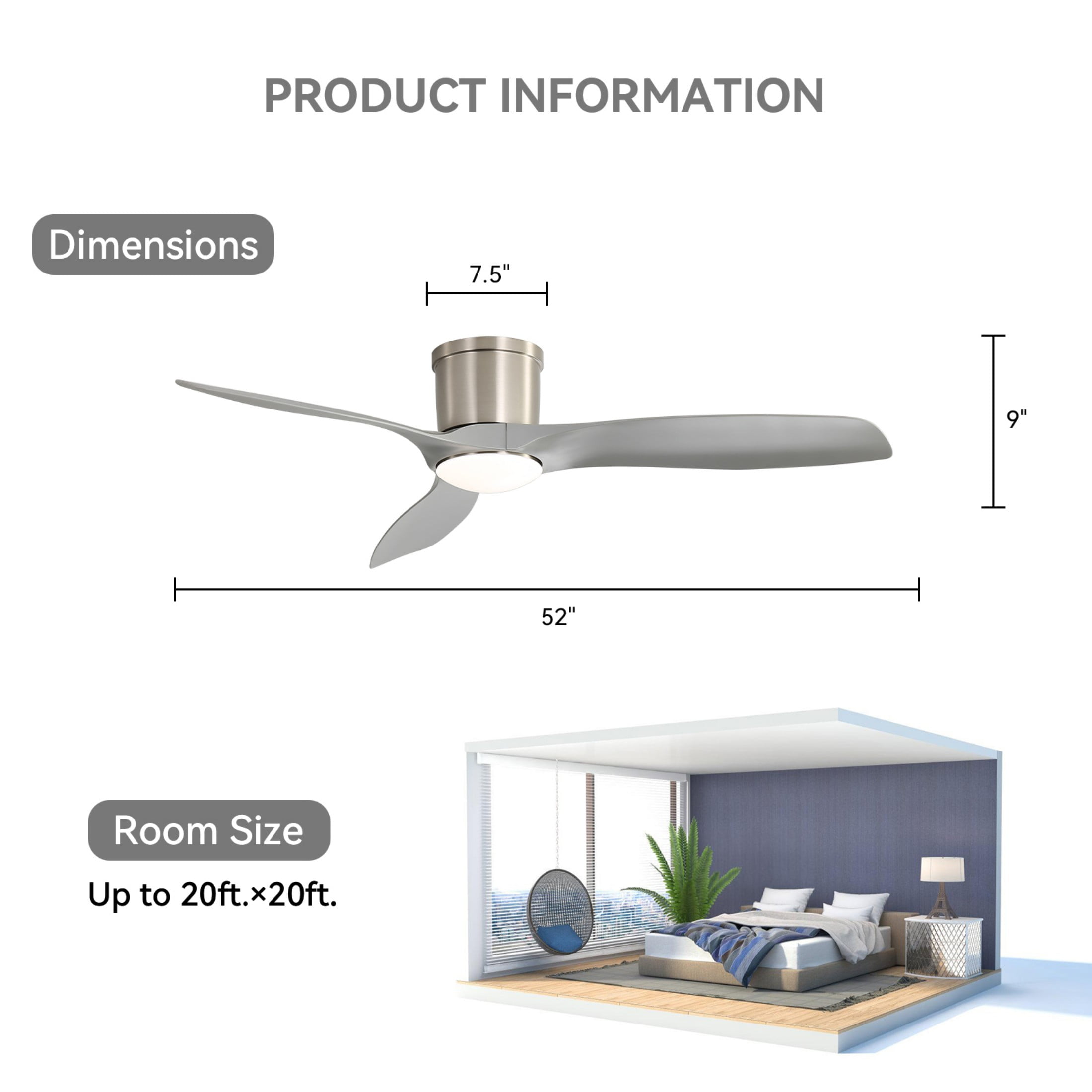 Sofucor 52-Inch Flush Mount Silver Ceiling Fan with Integrated LED Light and Remote Control,Smart Ceiling Fan and APP Control