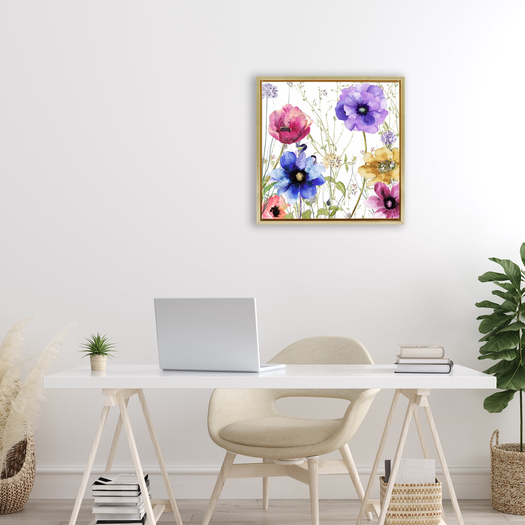 Modern Spring Garden Flowers Gold Framed Floater Canvas Wall Art, design by Sasha