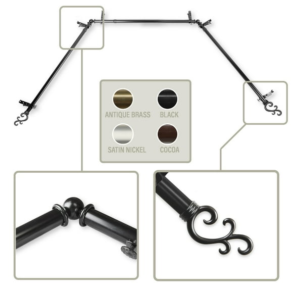 Mosey 13/16 inch Bay Window Curtain Rod 20-36", 38-72" - Black