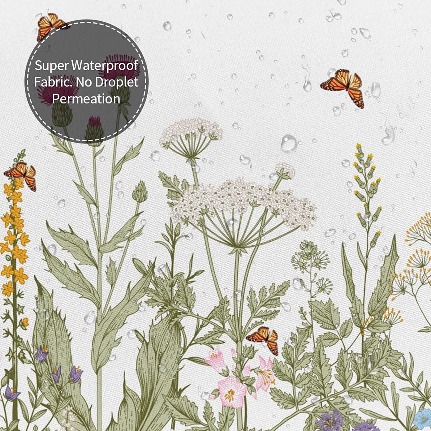 Floral Wildflower Botanical Waterproof Polyester Bathroom Shower Curtain 72x72 inch with 12 Hooks