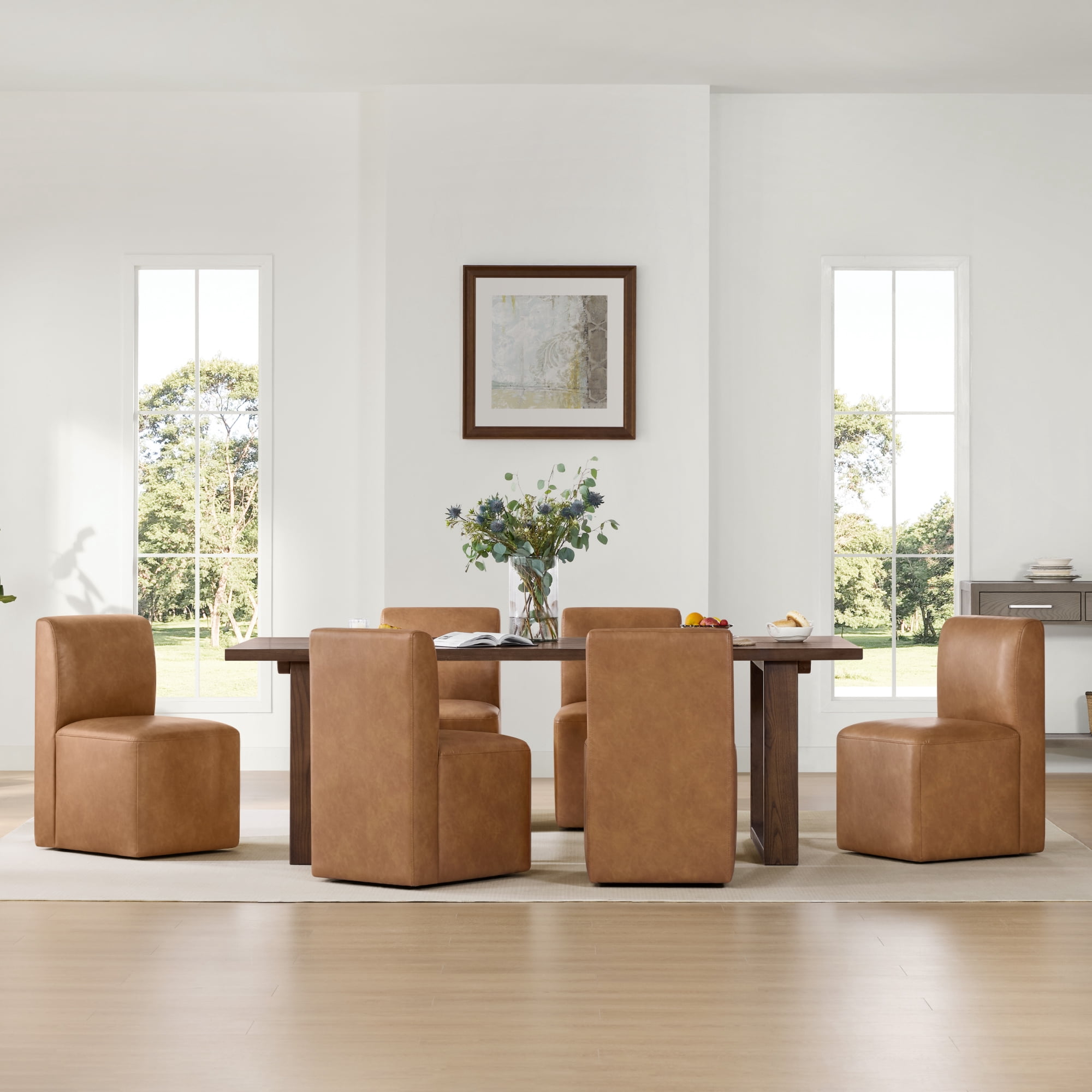 Spruce & Spring Upholstered Dining Chairs with Hidden Casters Set of 2, Cognac