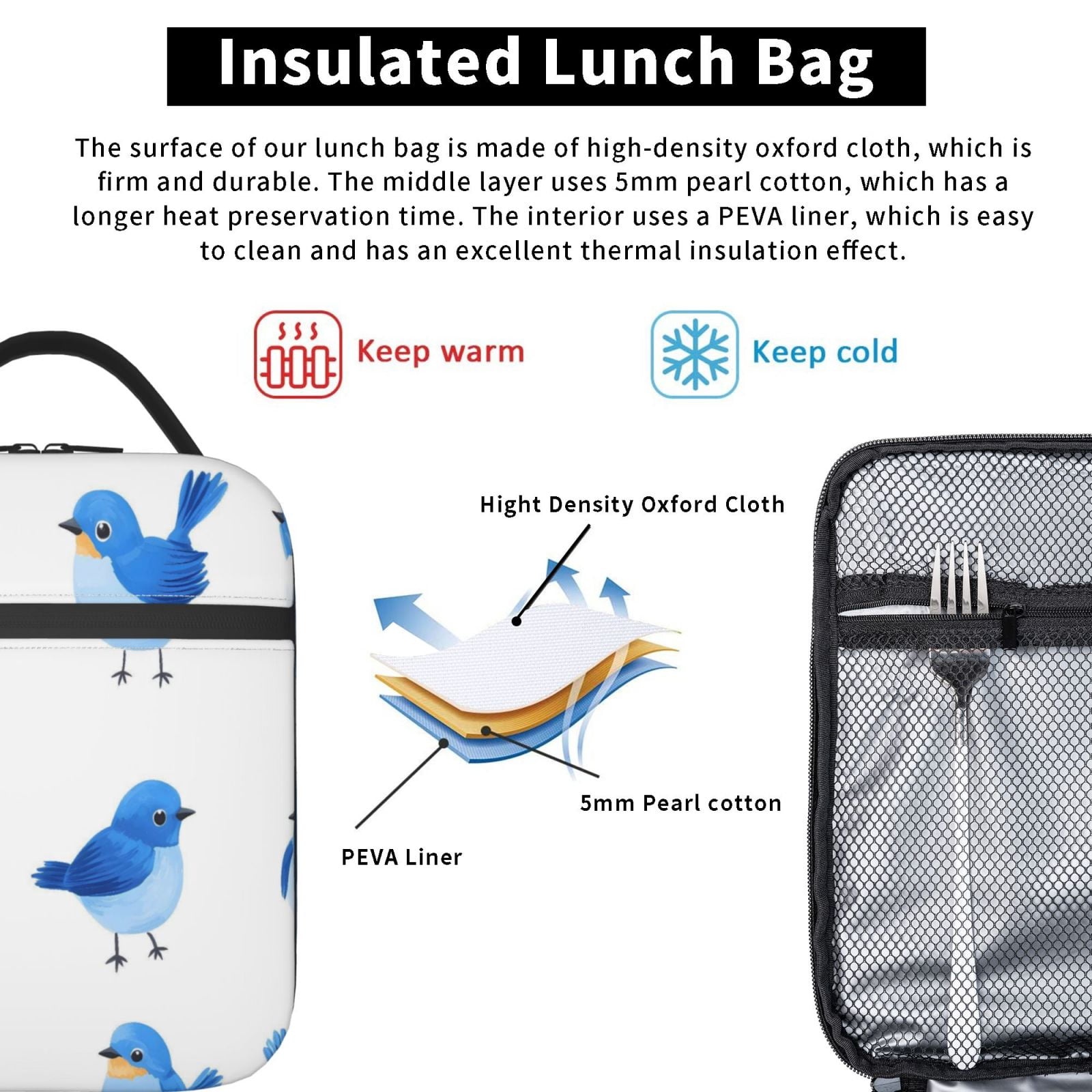 Lunch Bag For Women Men Insulated Portable Lunch Box Bento Box Office Picnic Travel Cooler Bag Blue Birds