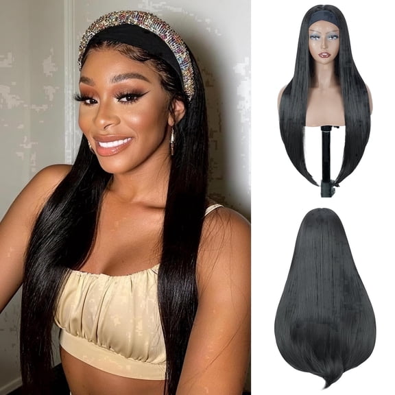 QUEENTAS 28 Inch Headband Wig for Women Black Straight Synthetic Headband Wig Glueless Heat Resistant Natutal Looking for Daily Party Use