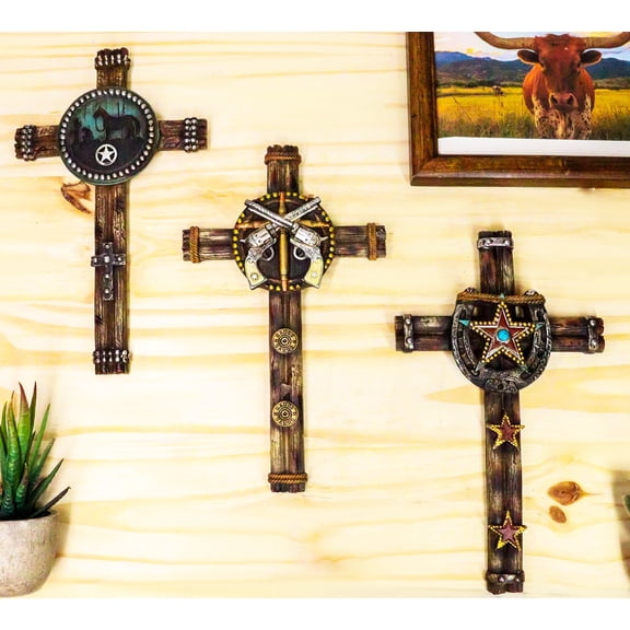 Set Of 3 Rustic Western Star Horseshoe Cowboy Horse And Pistols Wall Crosses