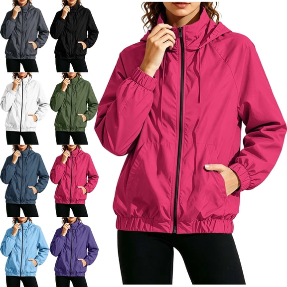 SYwaren Hiking Jacket Women's Lightweight Full Zip Hooded Mock Neck Water Resistant Windbreaker Casual Athletic Long Sleeve with Pockets