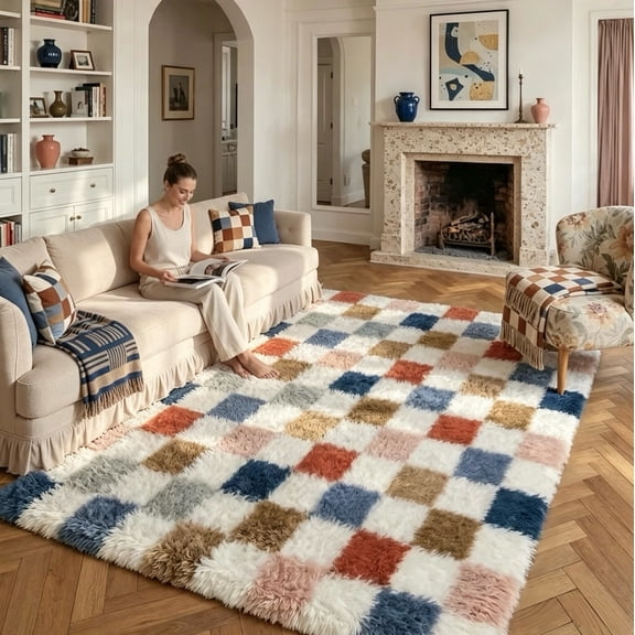 BERTHMEER 8'x10' Large Shag Area Rugs for Living Room Bedroom Dining Room Plush Pile Soft Checkered Fluffy Geometric Modern Indoor Carpets Rugs,Multicolor