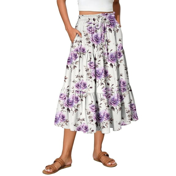 Yucgh Women's High Waisted Midi Skirt with Drawstring, Floral Pleated Tiered Summer Skirt, Lightweight Flowy Beach Skirt for Casual Wear,Purple,L