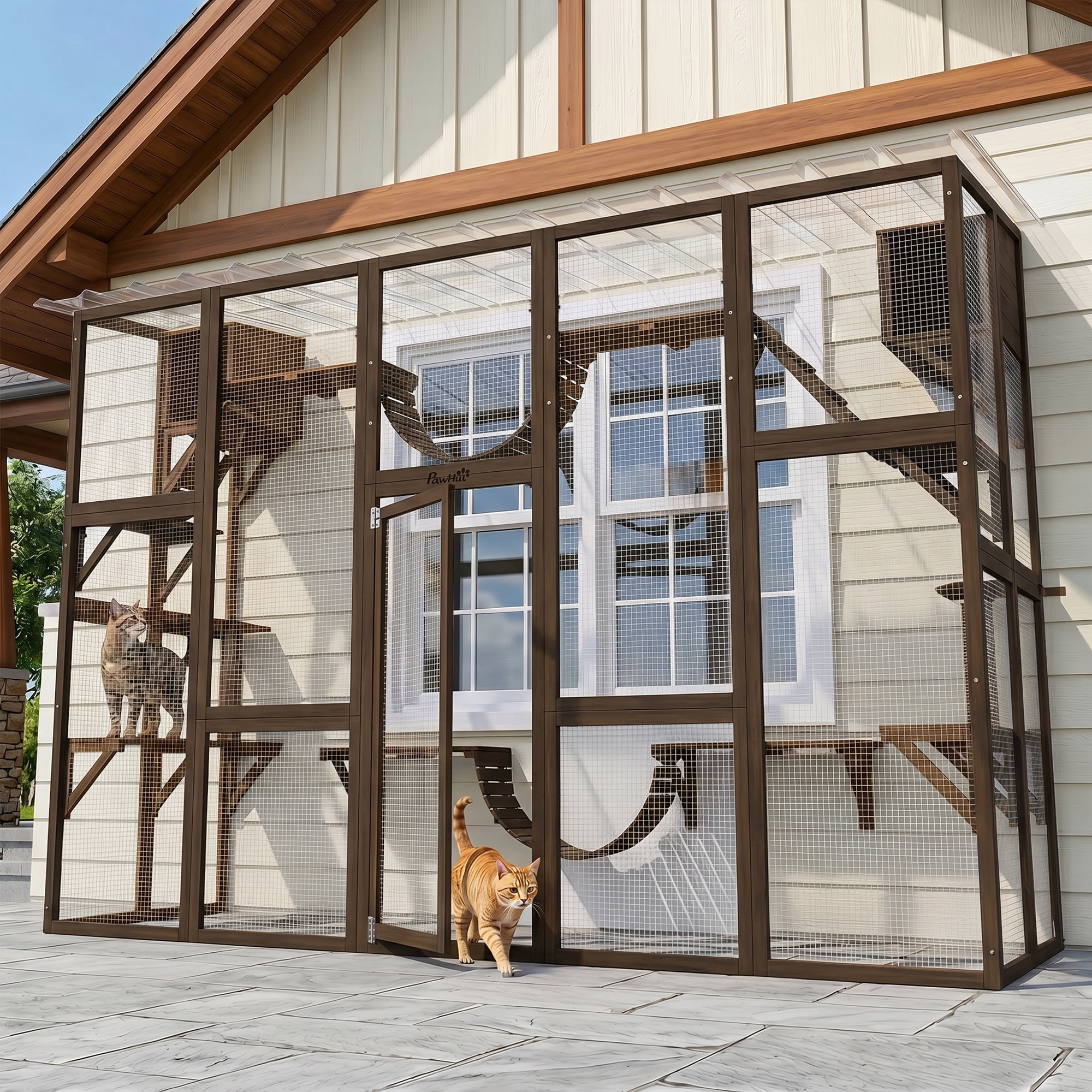 PawHut Catio Playground Outdoor Cat Enclosure, Wooden Outdoor Cat House Weatherproof for Multiple Cats, Shelves & Bridges, Coffee Brown