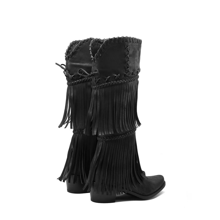 Women s Fringe Strap Knee High Western Boots