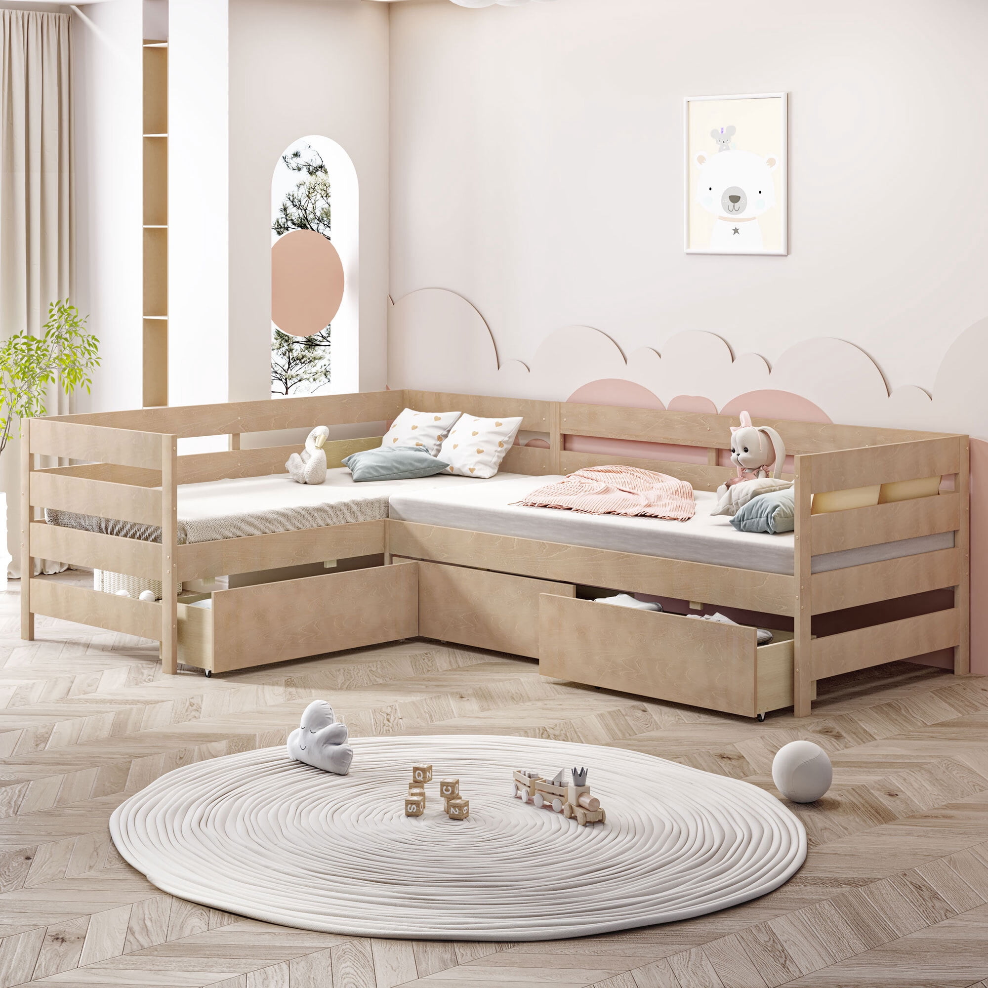 Euroco Wood Twin Size L-Shaped Platform Bed, 2 Beds in One with Drawers, Natural