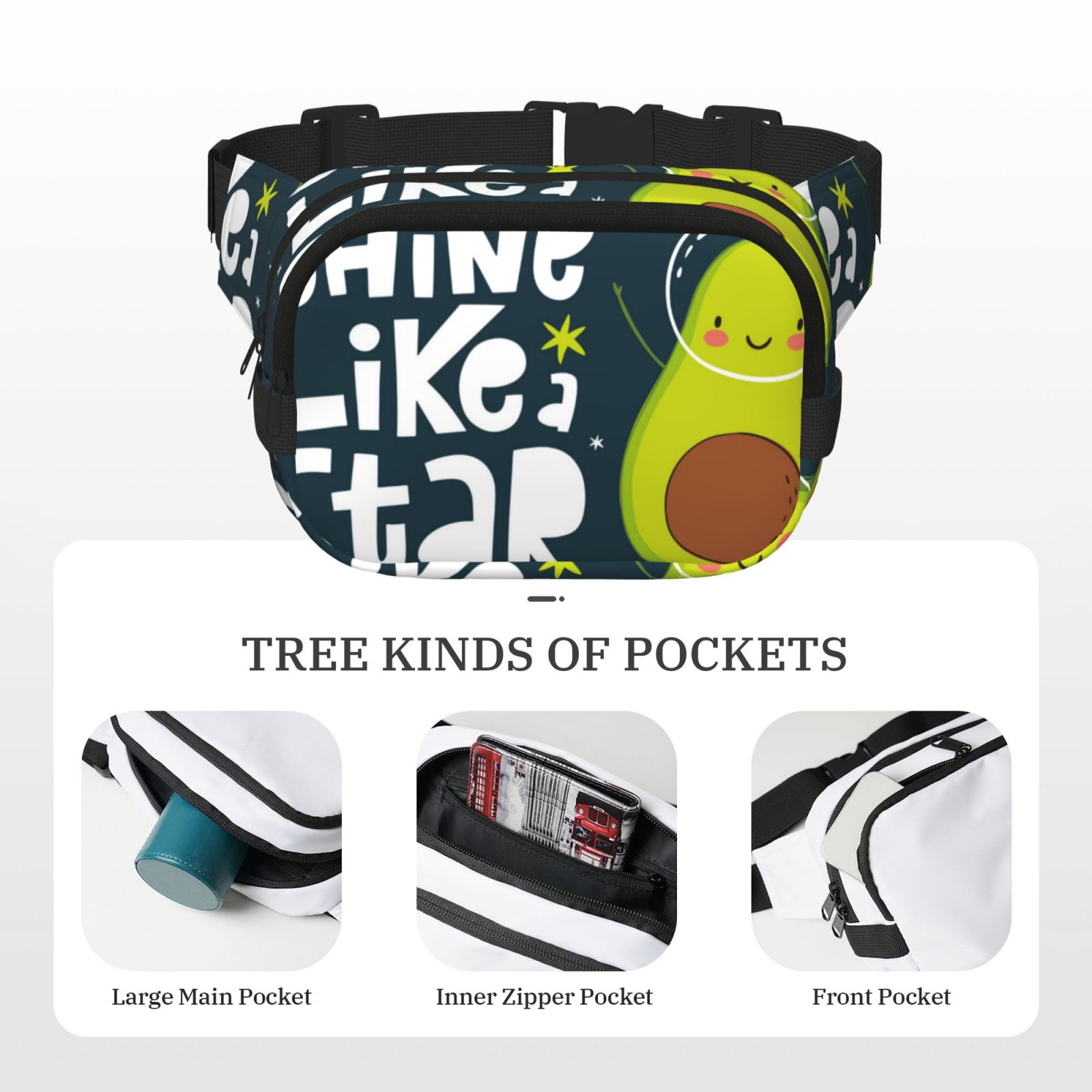 Picia Avocado in Space1 Print Square Double-Layer Waist Bag Mini Adjustable Waist Belt Bag Exercise Running Travel Hiking