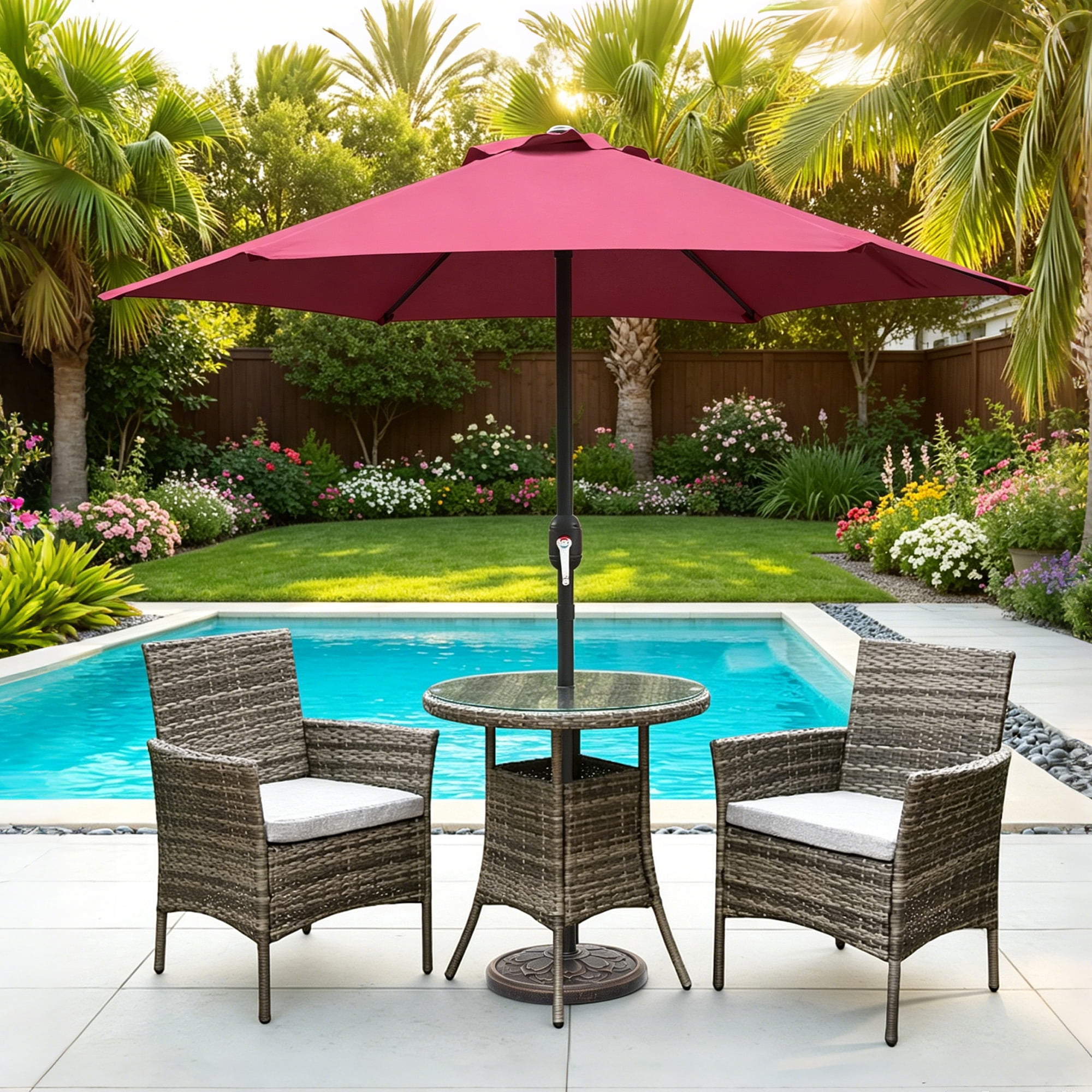 Kool 7.5ft Patio Umbrella with Crank Handle Outdoor Market Umbrella with 6 Sturdy Umbrella Ribs Waterproof for Garden Deck Backyard Pool, Burgundy