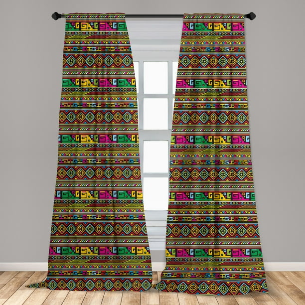 African Curtains 2 Panels Set, Ancestral Borders in Lively Colors