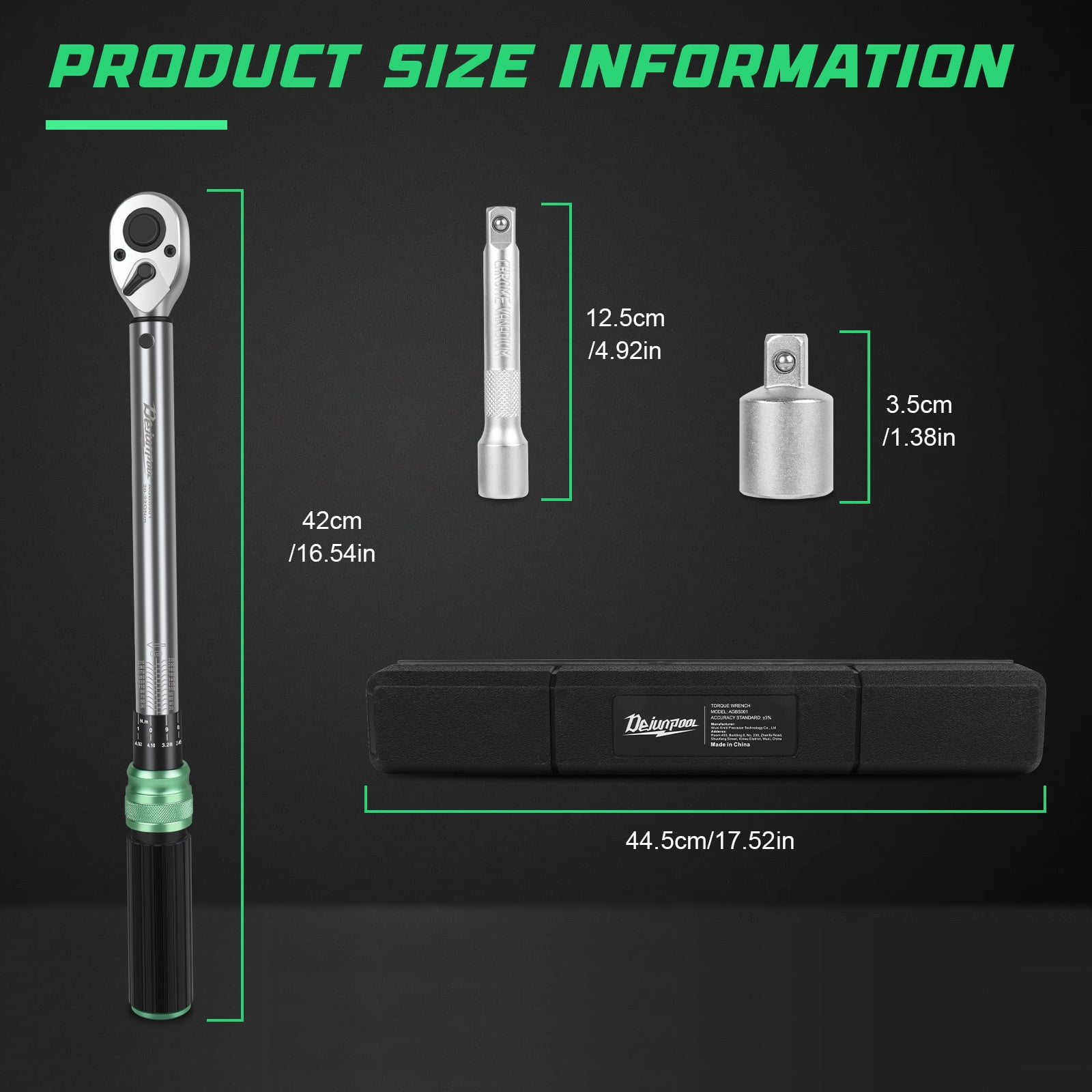 Torque Wrench 1/2 inch 20-220NM with 3/8 inch Adapter, 1/2 125mm Adapter