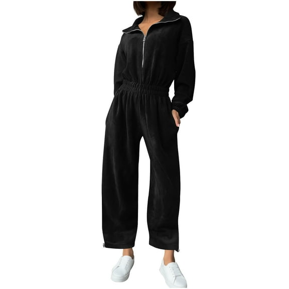 UPPADA Womens One Piece Jumpsuit Long Sleeve Half Zip Overall Wide Leg Fall Outfits Tracksuit Casaul Wear Black,L