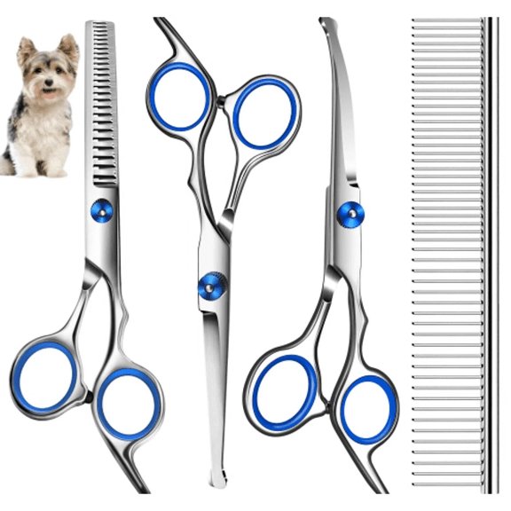Dog Grooming Scissors with Safety Round Tips,Heavy Duty Titanium Pet Grooming Trimmer Kit,Professional Thinning Shears,Curved Scissors with Comb for Dogs and Cats