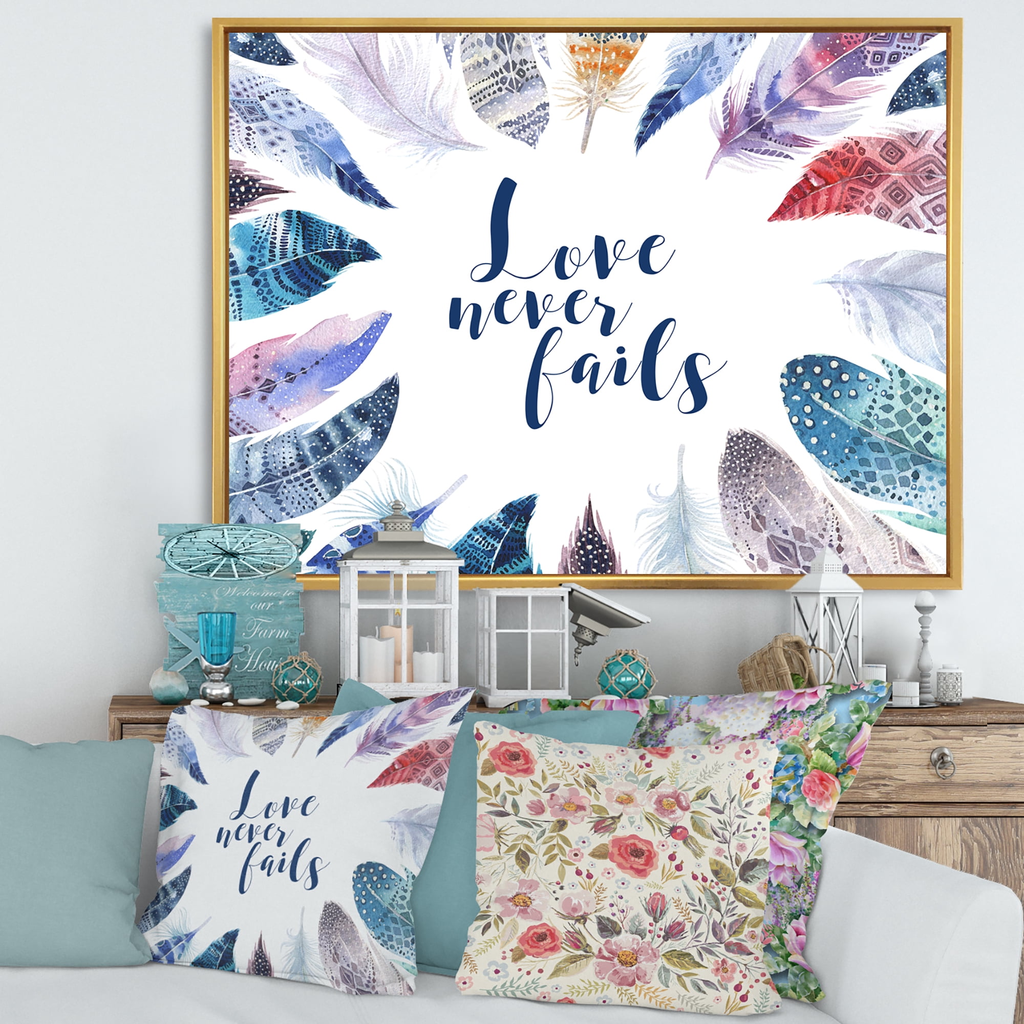 Designart 'Inspiring Quote With Boho Feathers' Bohemian & Eclectic Framed Canvas Wall Art Print