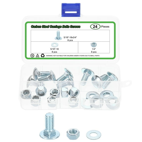 8 Set Carriage Bolts and Nuts Kit, 5/16"-18x3/4" Carbon Steel Round Head Square Neck Carriage Bolts Screws and Hex Nuts and Flat Washers - Blue White