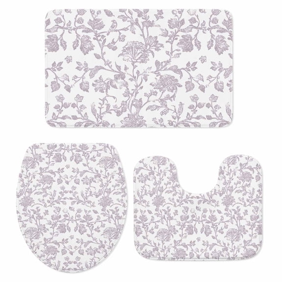 Spring Flower Bath Mat 3 Piece Bathroom Rug Set, Vintage Farmhouse Light Purple Boho Leaf Non Slip Bath Rug Contour Mat and Toilet Lid Cover, Absorbent Shower Mats Soft Bath Rugs and Mats Sets