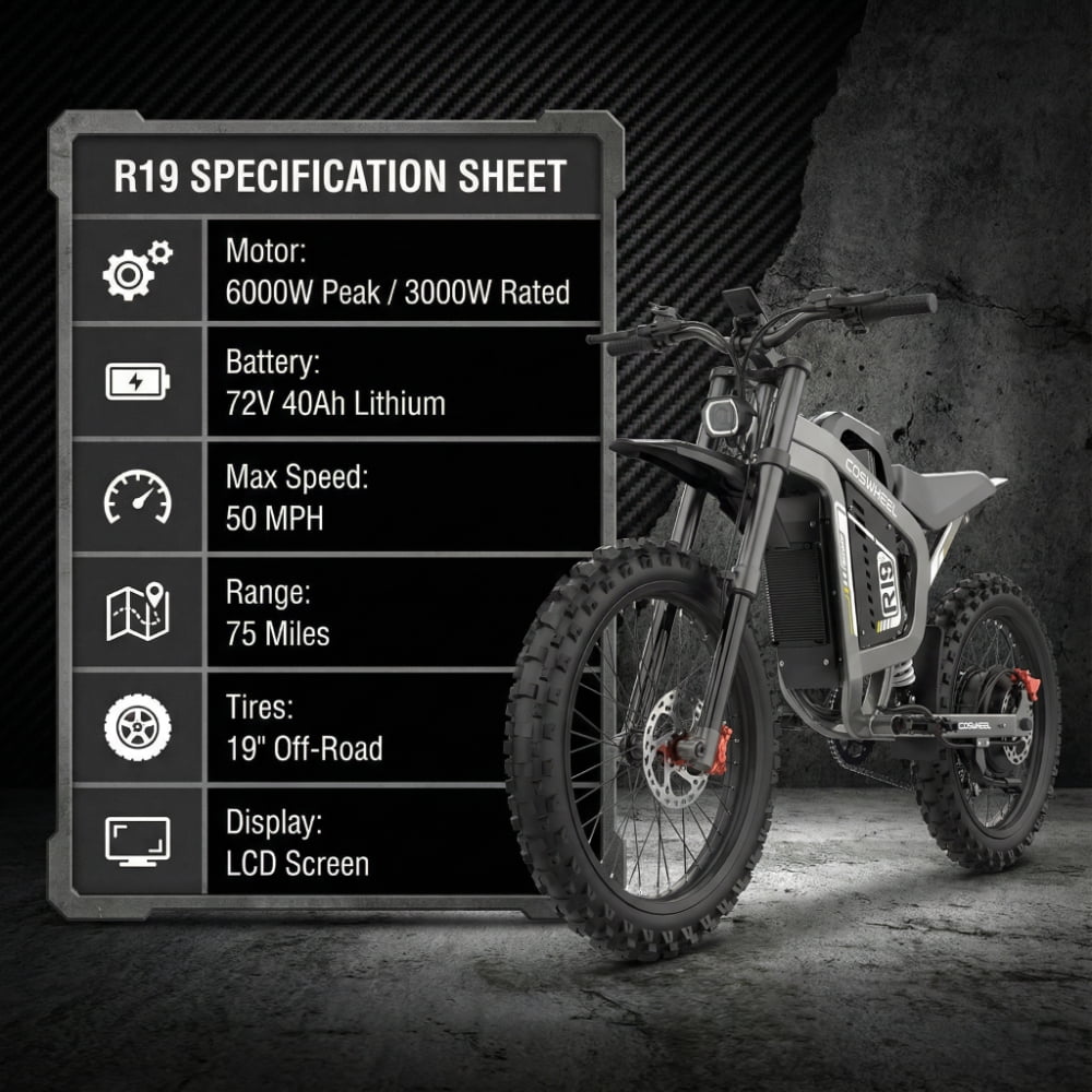 Electric Dirt Bike for Adults, 72V 40Ah, 75 Miles, 6000W Motor, 45MPH