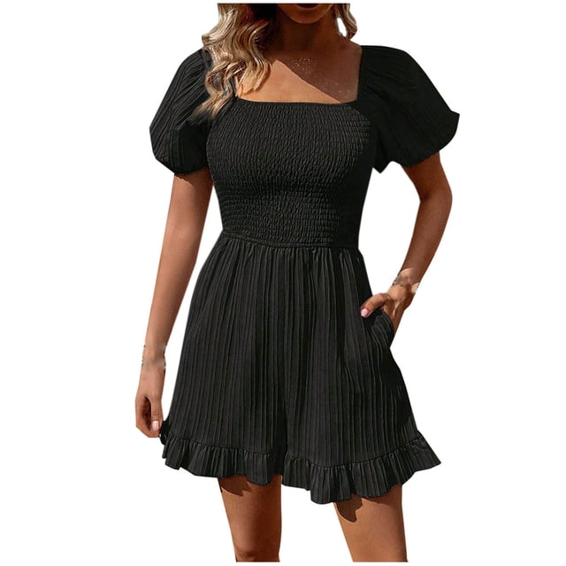 Yuyuzo Womens Boho Rompers Summer Casual Sleeveless Square Neck Ruched Ruffle Jumpsuitts with Pockets
