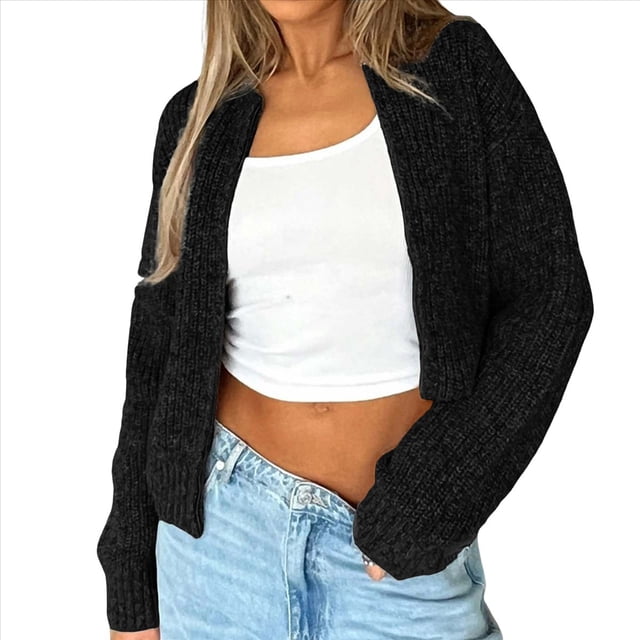 Cárdigan con Cremallera para Mujer, Larga, Hombros Caídos, Cuello Redondo, Informal, Liso, Holgado, de Punto. Negro M