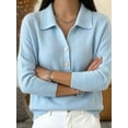 thumbnail image 5 of Women's Lapel Half Button Long Sleeve Knit Pullover Top Light Blue M, 5 of 7