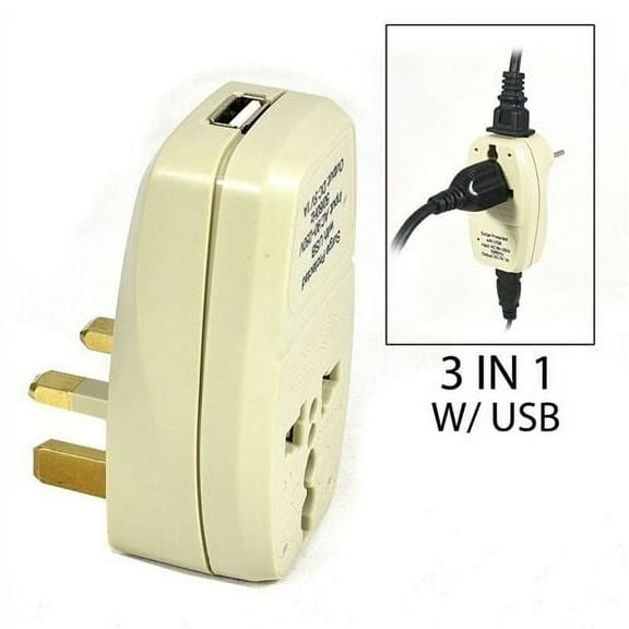 OREI UK, HK 3 in 1 Travel Plug w/ USB & Surge Protection Type G(WPU-G-GN)