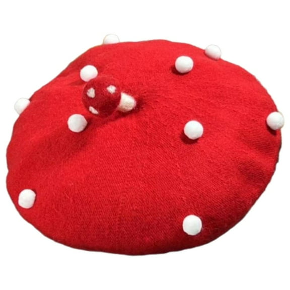 Hzzsbu Mushroom Beret Hat, Red with White Spots Knit Winter Beanie Novelty Cap