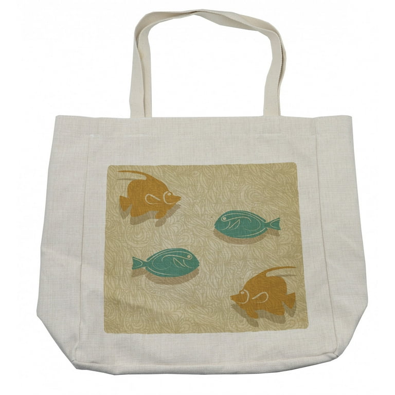 Fish and Wave Shopping Bag, Aquarium Marine Ocean Themed Fishing Theme  Vintage, Eco-Friendly Reusable Bag for Groceries Beach and More, 15.5 X  14.5