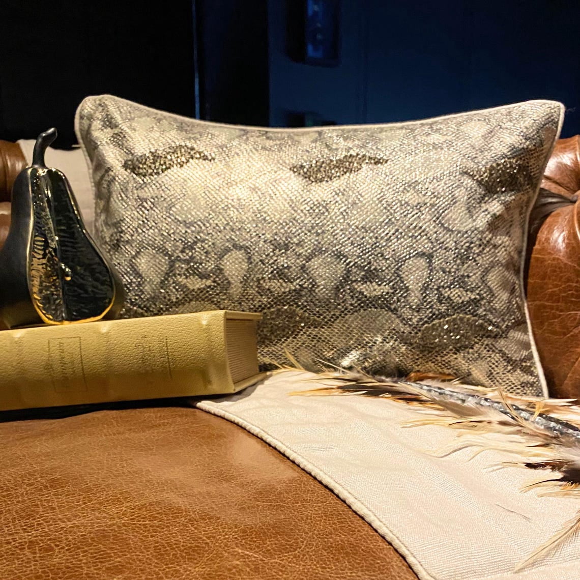 Decorative Gold 12"x24" (30x60 cm) Oblong Chair Pillow Case, Faux Leather Beaded Pattern Bed Pillow Cover, Animal Pattern Modern Style - Animal Bling