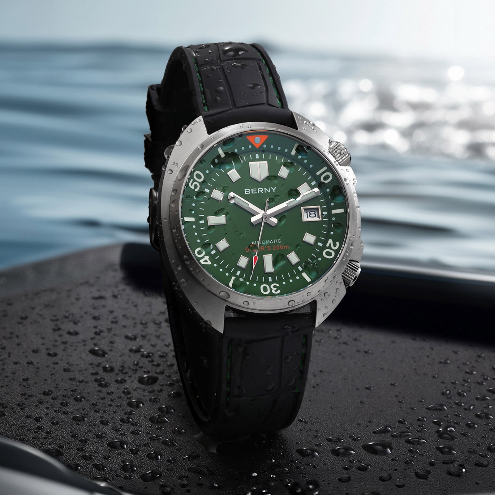 BERNY Automatic Dive Watches for Men, Sport 200M Waterproof Analog Mechanical Watch with Date Display, Super Luminous, Silicone Strap, Sapphire Crystal, Fashion Men's Diver Watch (Green)