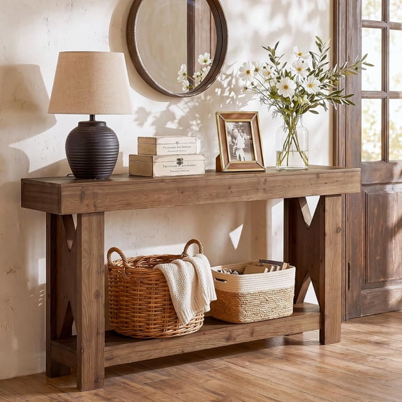 Finmind Solid Wood Console Table, 2-Tier Entryway Sofa Table, Living Room, Brown