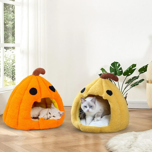 Cama Semicerrada y Cálida con Forma de Calabaza para Gatos de Halloween, con Cojín Extraíble y Lavable y Base Antideslizante, Ideal para Decoración Navideña de Mascotas Pequeñas.