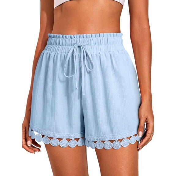 Women'S Shorts Summer Casual Loose Elastic Waist Drawstring Lace Boho Beach Cover Up Shorts Blue L
