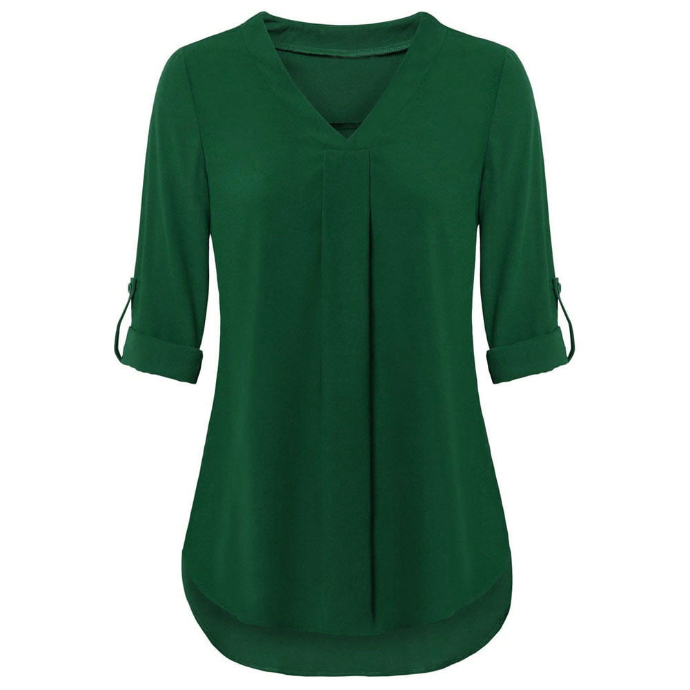 Casual Shirt for Women，Womens Long Sleeve Roll-Up Top V Neck Layered Blouses