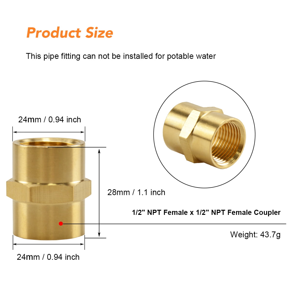 (3 Pack) Brass Coupler Reducer Adapter, 1/2" NPT Female x 1/2" NPT Female Hex Nipple, Pipe Fitting